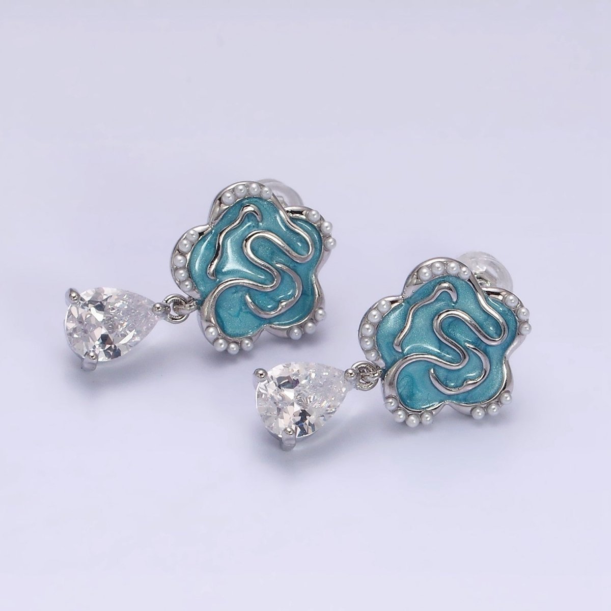 16K Gold Filled Clear Teardrop CZ Drop Teal Sparkly Enamel Abstract Pearl Lined Flower Stud Earrings in Gold & Silver | AD-385 AD-386