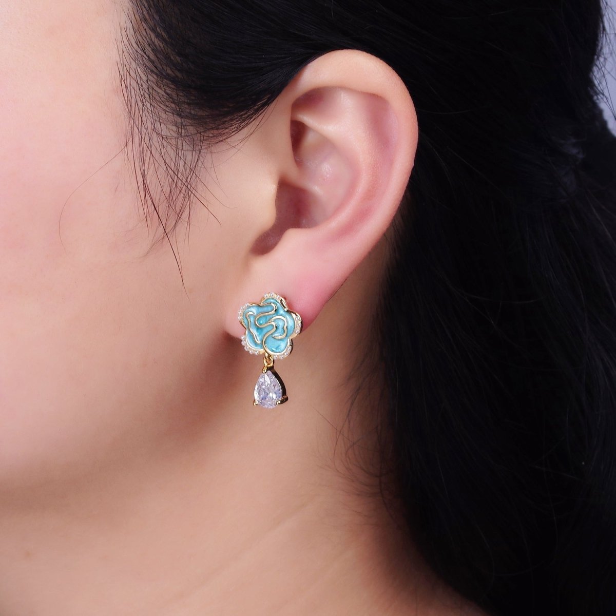 16K Gold Filled Clear Teardrop CZ Drop Teal Sparkly Enamel Abstract Pearl Lined Flower Stud Earrings in Gold & Silver | AD-385 AD-386