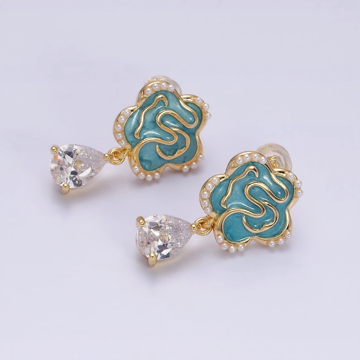 16K Gold Filled Clear Teardrop CZ Drop Teal Sparkly Enamel Abstract Pearl Lined Flower Stud Earrings in Gold & Silver | AD-385 AD-386