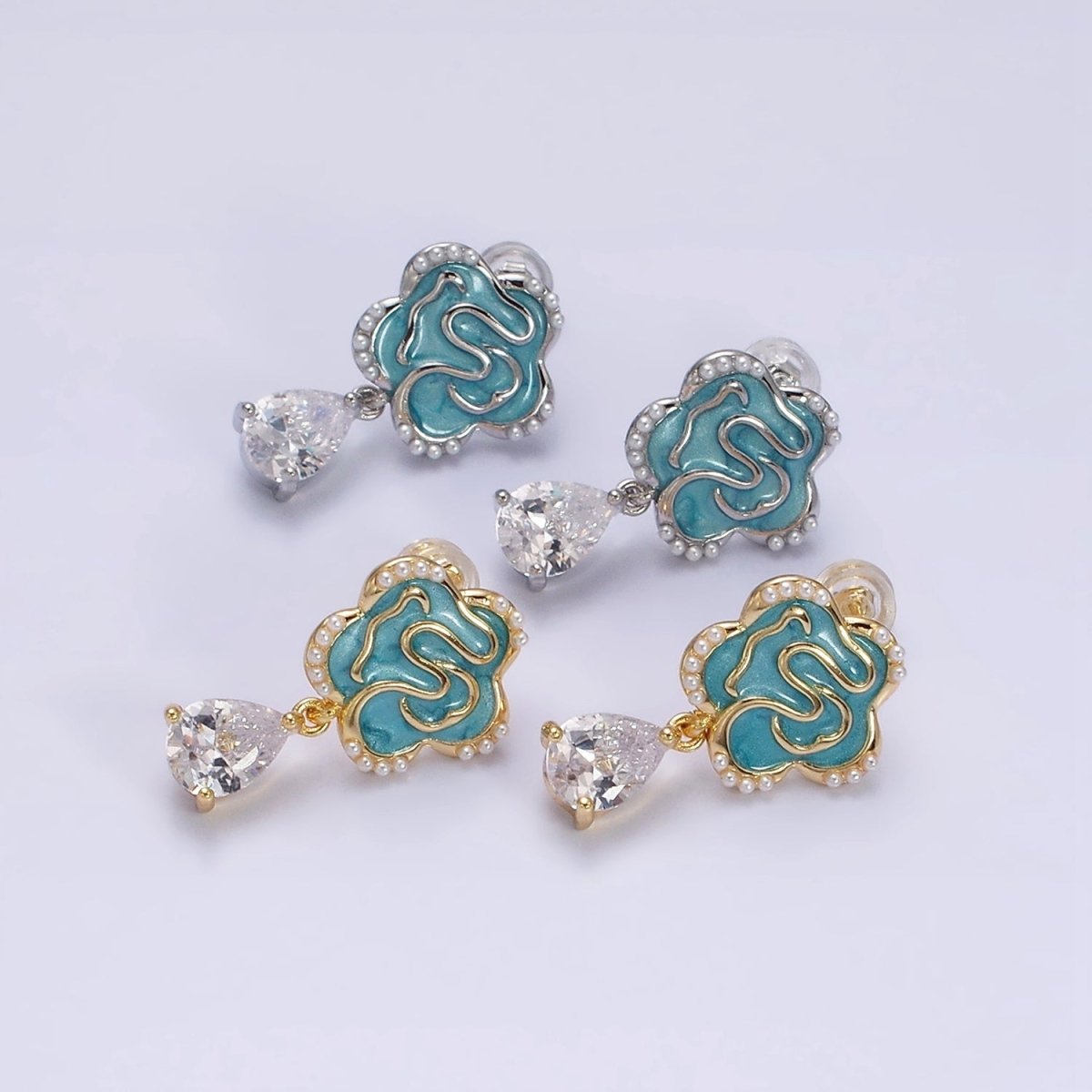 16K Gold Filled Clear Teardrop CZ Drop Teal Sparkly Enamel Abstract Pearl Lined Flower Stud Earrings in Gold & Silver | AD-385 AD-386