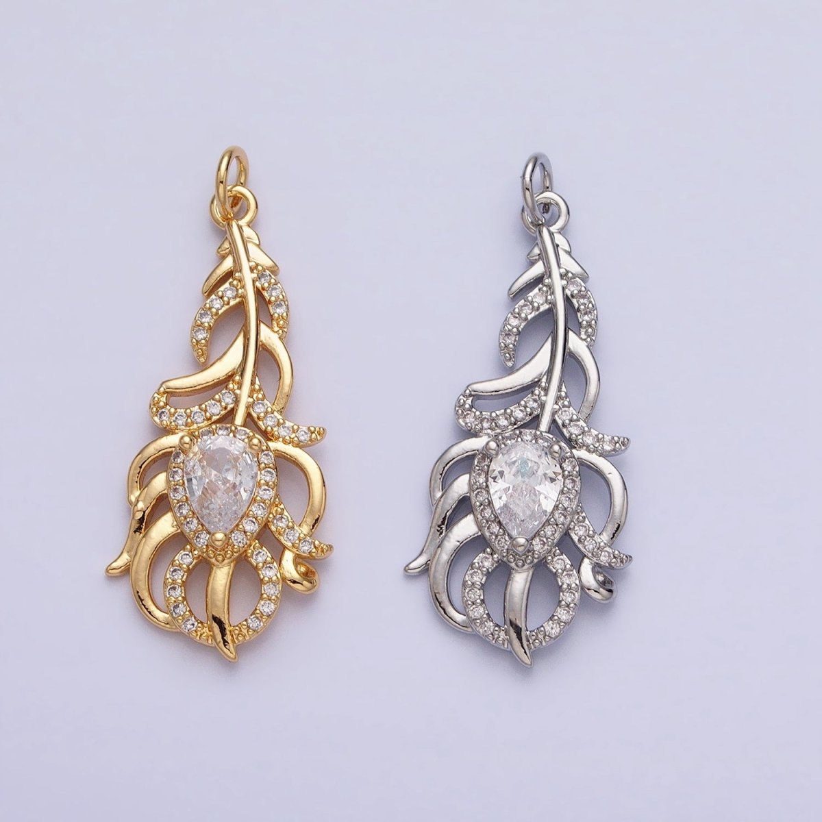 16K Gold Filled Clear Teardrop Micro Paved CZ Nature Compound Leaf Add-On Charm in Gold & Silver | AC966 AC967