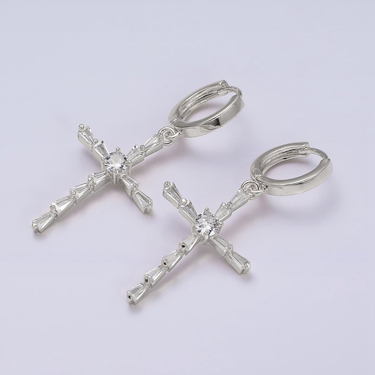 16K Gold Filled Clear Triangle Baguette Lined Religious Cross Drop Huggie Earrings in Silver & Gold | AD-456 AD-1233