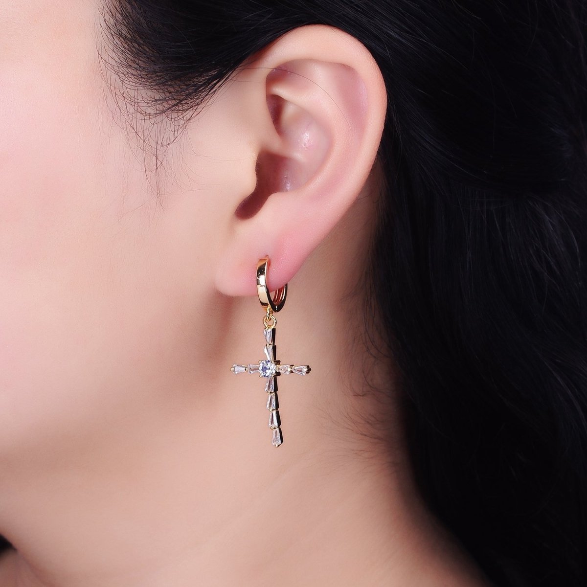 16K Gold Filled Clear Triangle Baguette Lined Religious Cross Drop Huggie Earrings in Silver & Gold | AD-456 AD-1233
