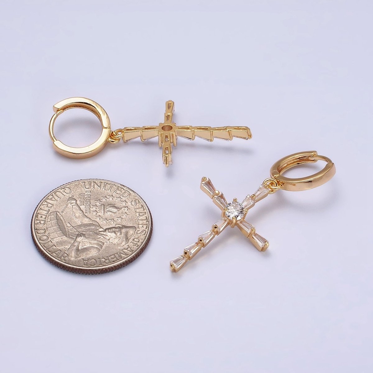 16K Gold Filled Clear Triangle Baguette Lined Religious Cross Drop Huggie Earrings in Silver & Gold | AD-456 AD-1233