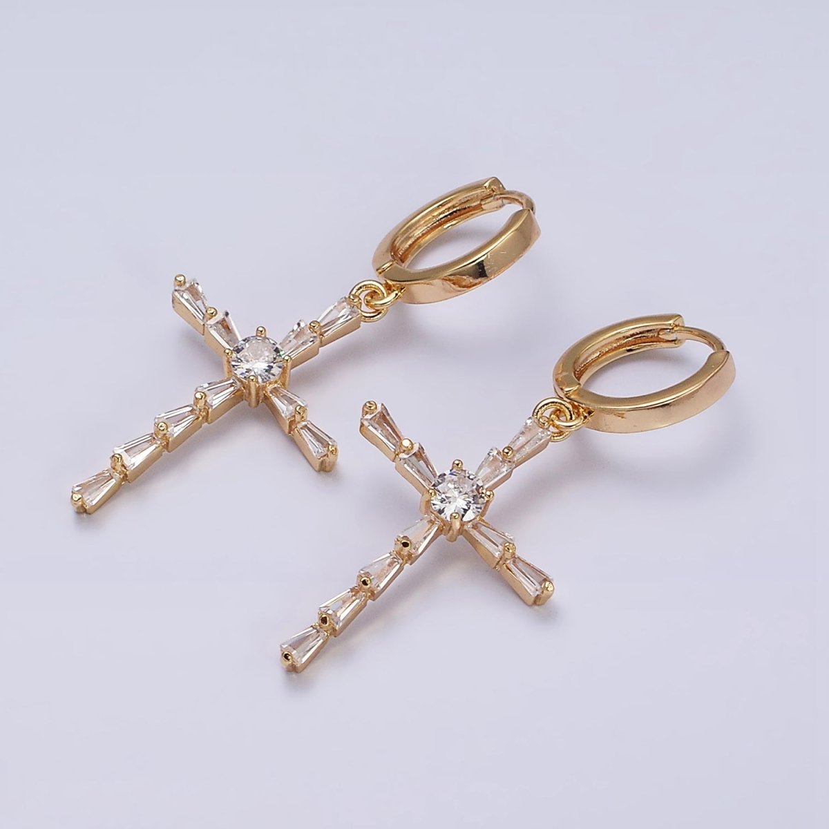 16K Gold Filled Clear Triangle Baguette Lined Religious Cross Drop Huggie Earrings in Silver & Gold | AD-456 AD-1233
