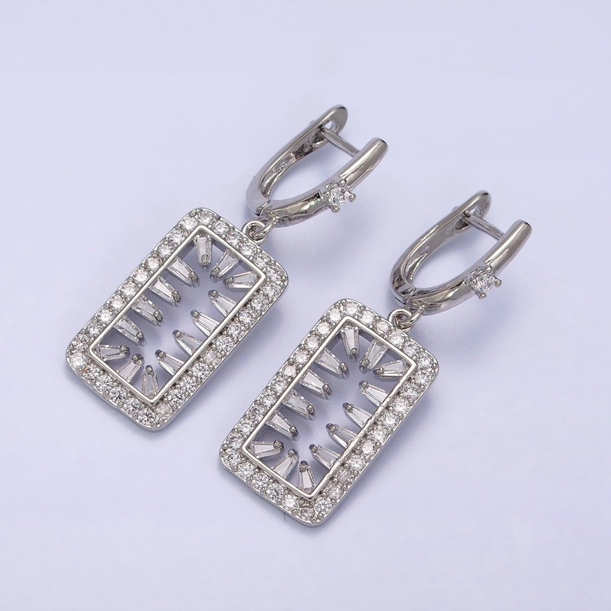 16K Gold Filled Clear Triangle Baguette Open Micro Paved Tag Drop English Lock Earrings in Silver & Gold | AB1504 AD1017