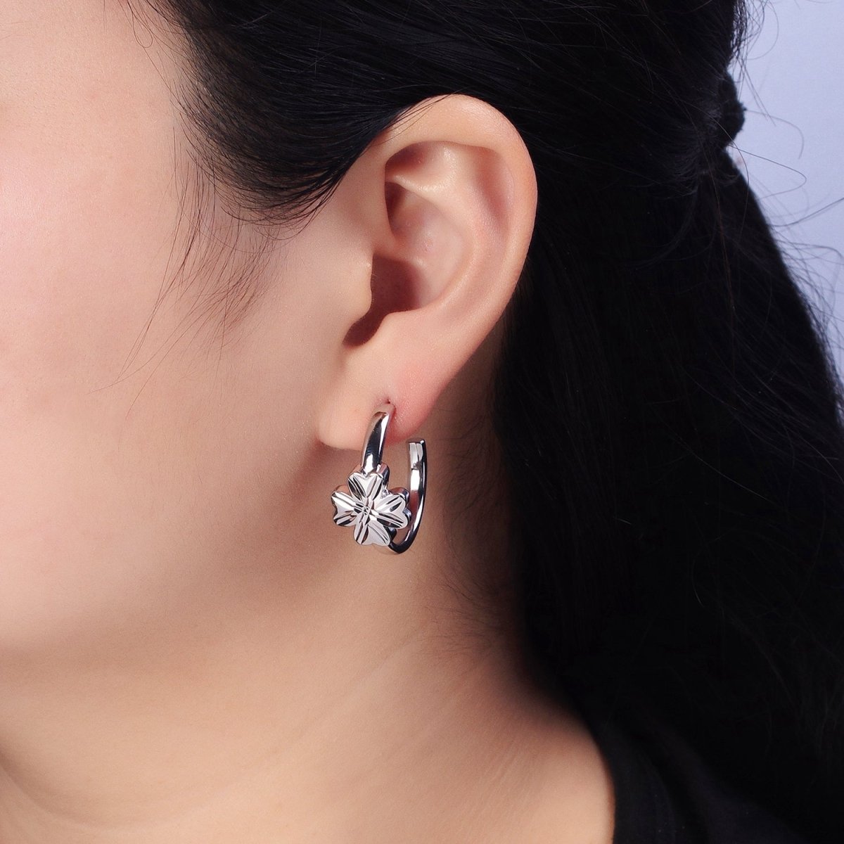16K Gold Filled Clover Quatrefoil 30mm C-Shaped Hoop Earrings in Gold & Silver | AB473 AB474