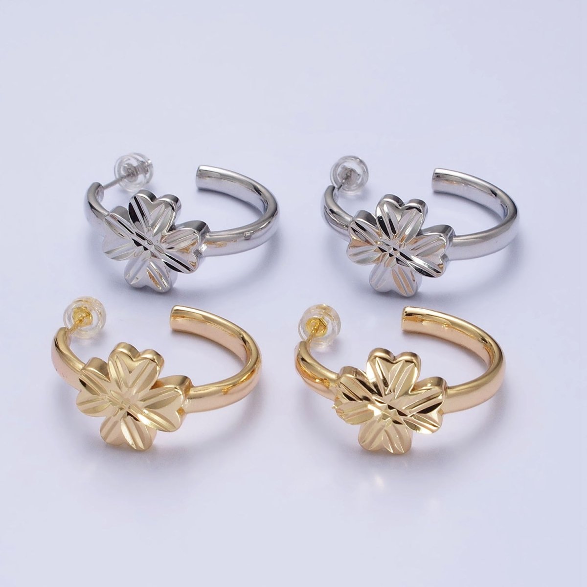 16K Gold Filled Clover Quatrefoil 30mm C-Shaped Hoop Earrings in Gold & Silver | AB473 AB474