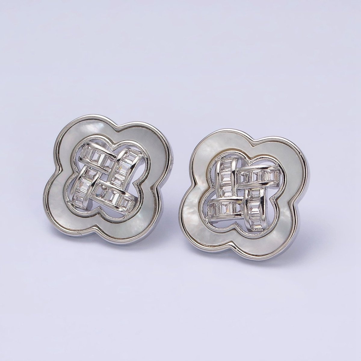 16K Gold Filled Clover Quatrefoil Shell Pearl Baguette Open Stud Earrings in Gold & Silver | AD1241 AD1242