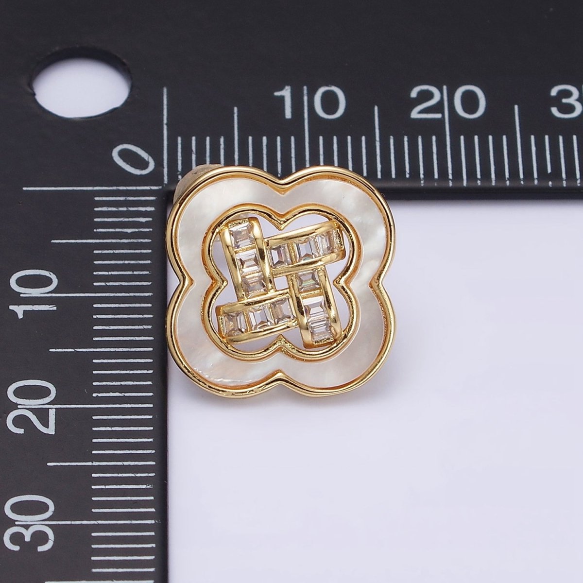 16K Gold Filled Clover Quatrefoil Shell Pearl Baguette Open Stud Earrings in Gold & Silver | AD1241 AD1242