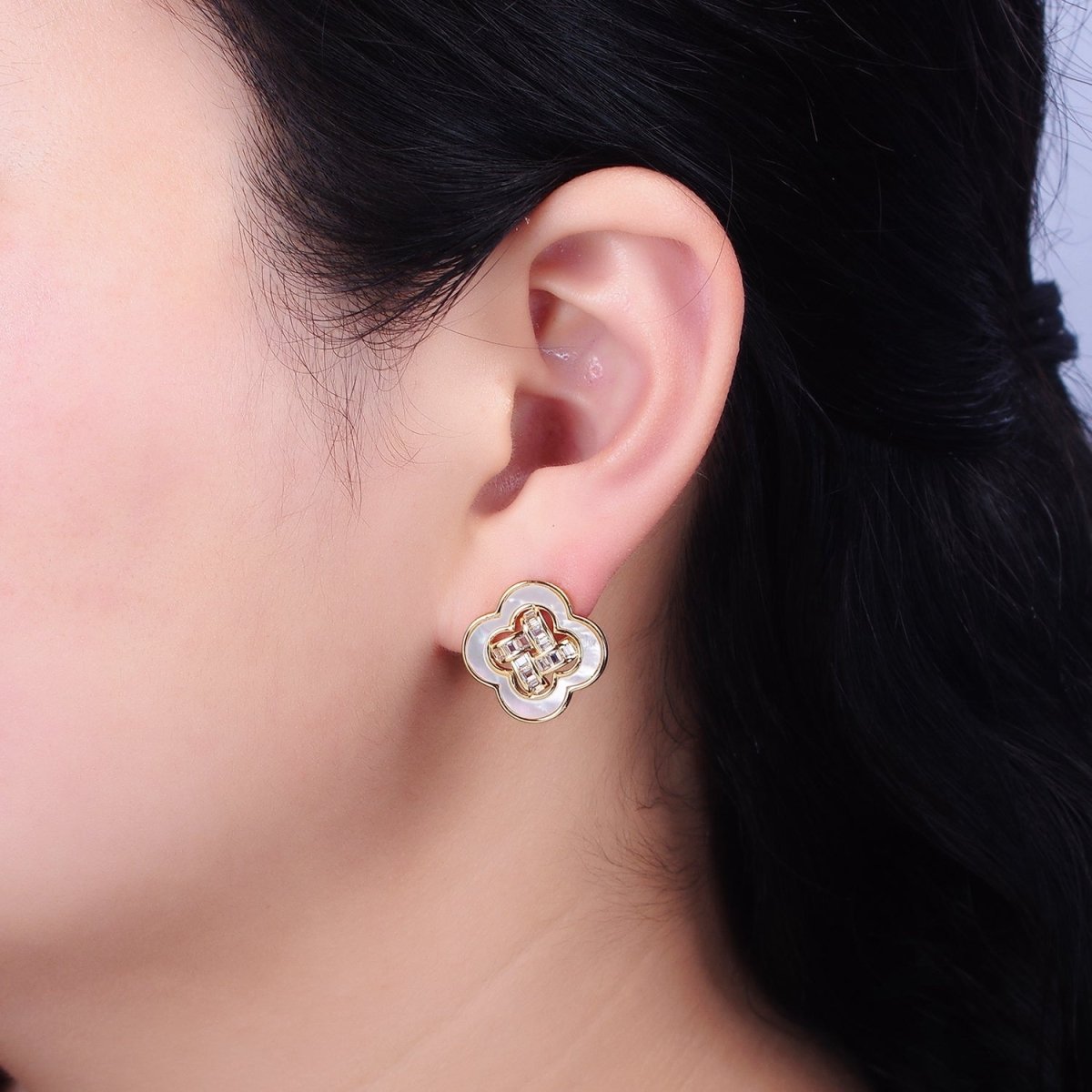 16K Gold Filled Clover Quatrefoil Shell Pearl Baguette Open Stud Earrings in Gold & Silver | AD1241 AD1242