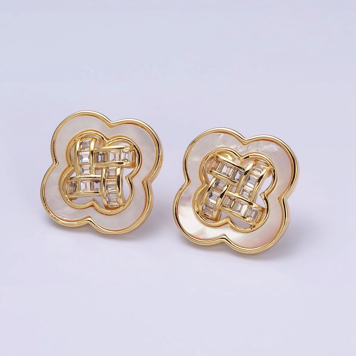 16K Gold Filled Clover Quatrefoil Shell Pearl Baguette Open Stud Earrings in Gold & Silver | AD1241 AD1242
