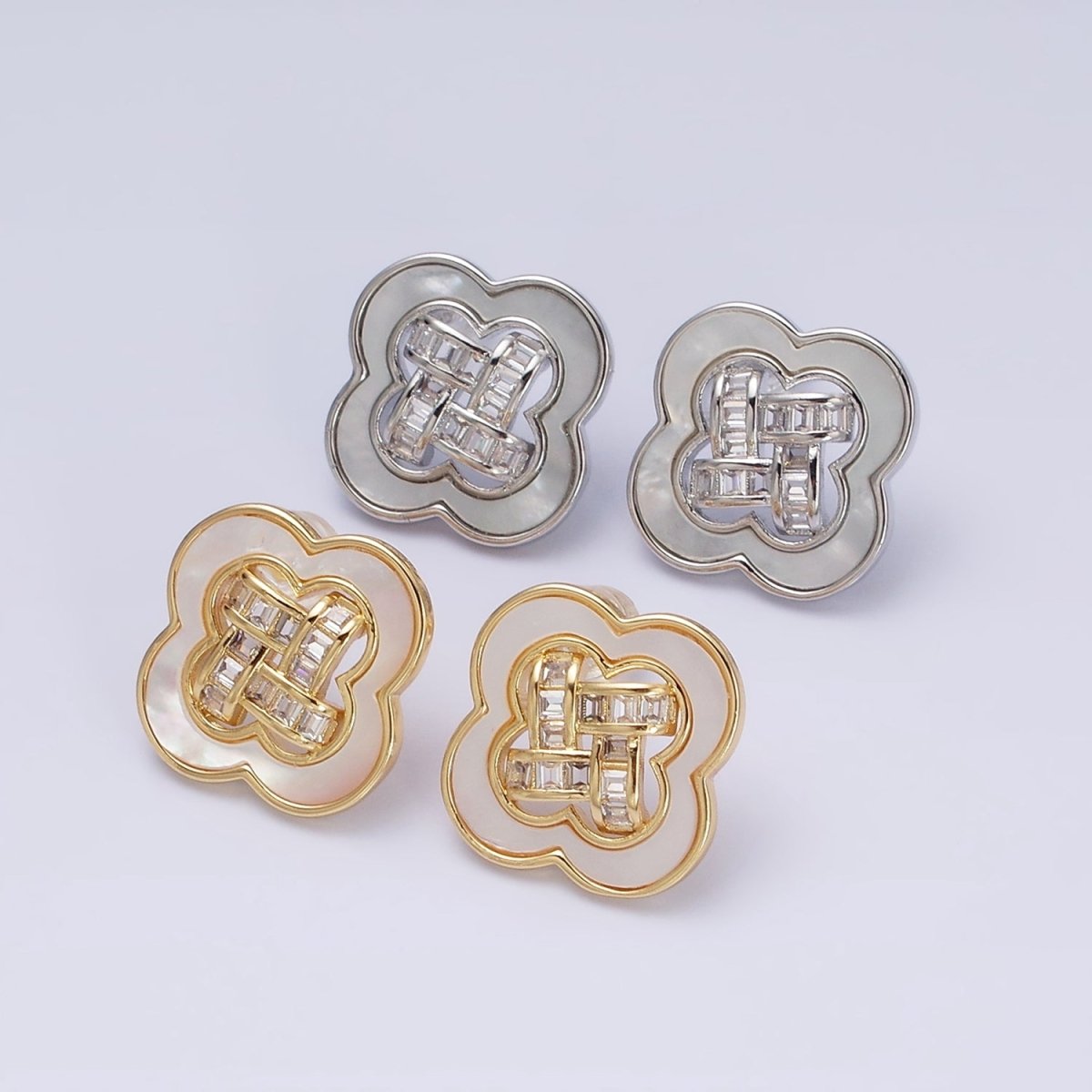 16K Gold Filled Clover Quatrefoil Shell Pearl Baguette Open Stud Earrings in Gold & Silver | AD1241 AD1242