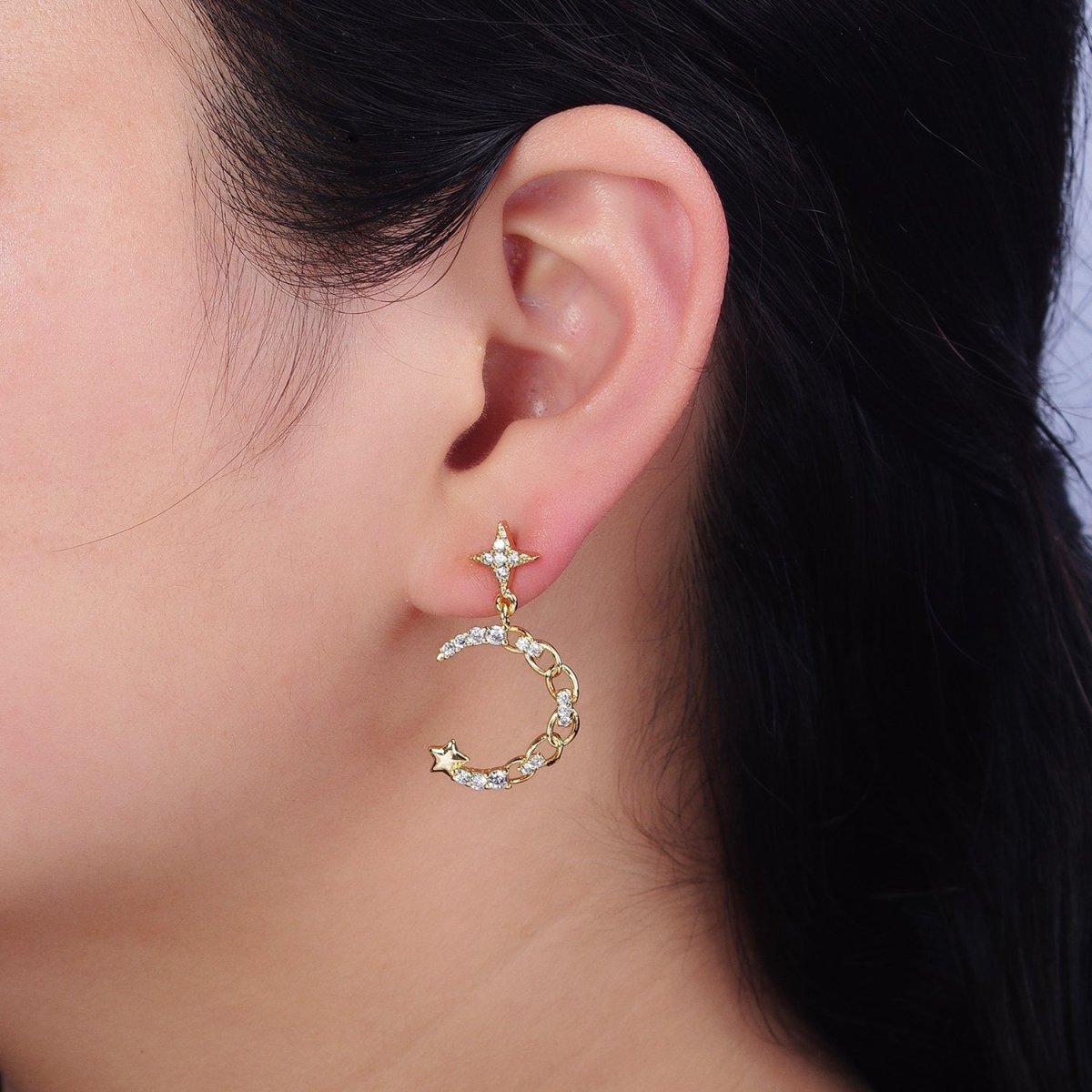 16K Gold Filled Crescent Moon Dangle Earring - Gold Celestial Stud Earrings AD1473 AD1472