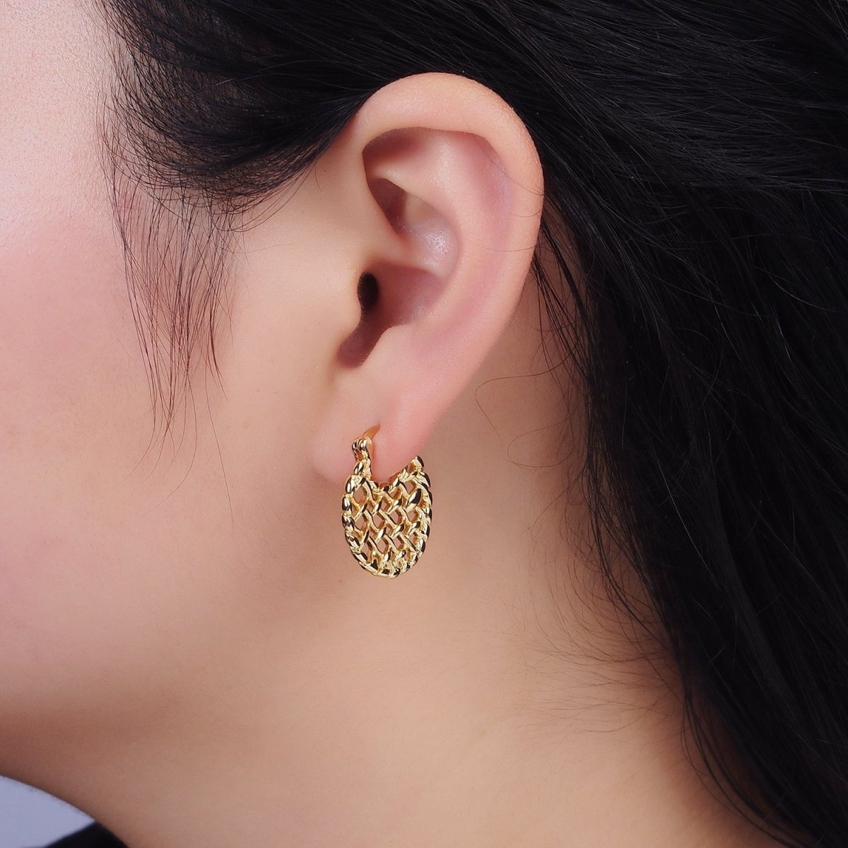 16K Gold Filled Croissant Molten Weave French Lock Latch Hoop Earrings | AE600
