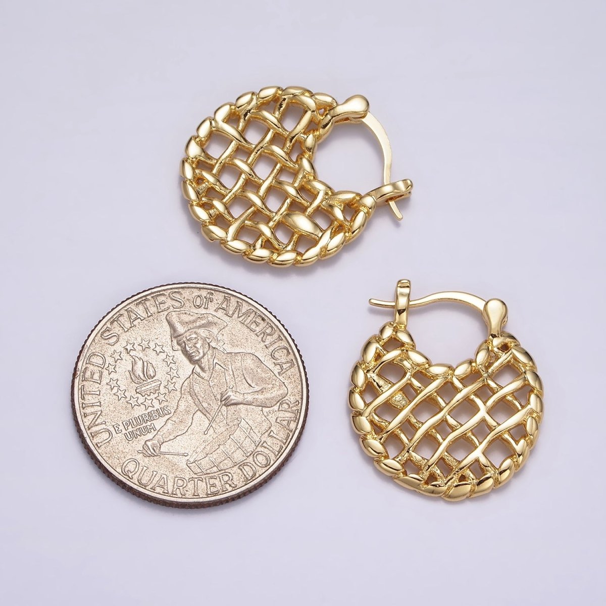 16K Gold Filled Croissant Molten Weave French Lock Latch Hoop Earrings | AE600