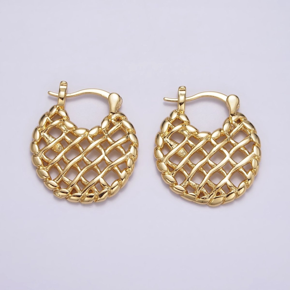 16K Gold Filled Croissant Molten Weave French Lock Latch Hoop Earrings | AE600