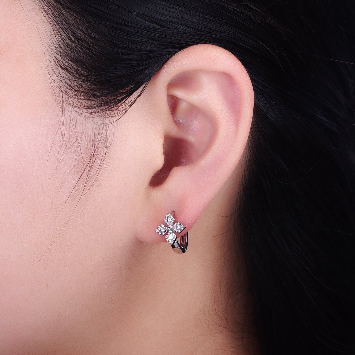16K Gold Filled Cross Geometric CZ Huggie Earrings in Gold & Silver | AB1447 AB1448