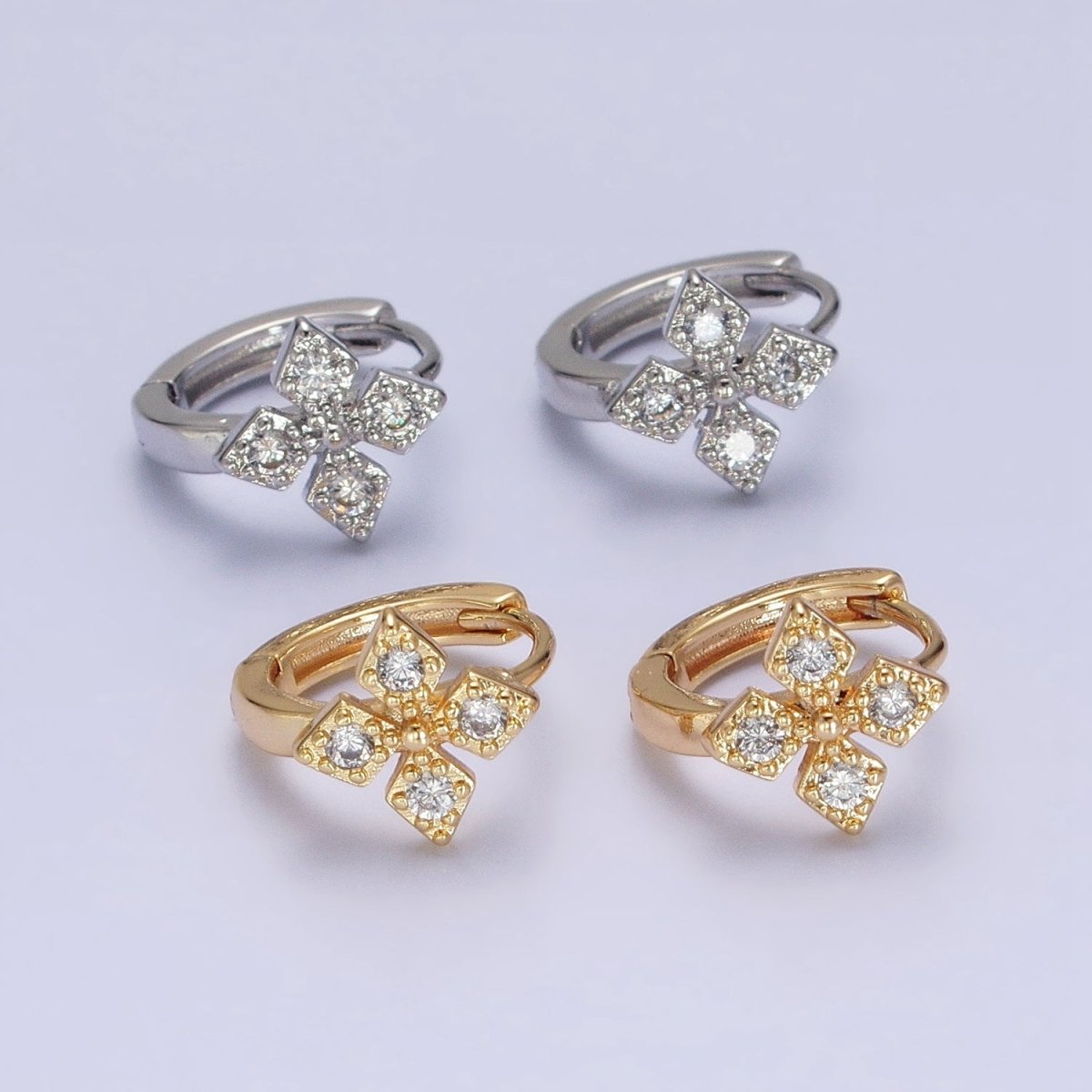 16K Gold Filled Cross Geometric CZ Huggie Earrings in Gold & Silver | AB1447 AB1448