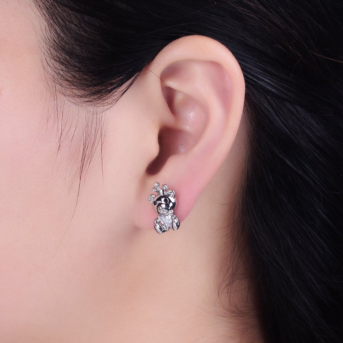 16K Gold Filled Crowned King Teddy Bear Clear CZ Heart Stud Earrings in Silver & Gold | AB1539 AD822