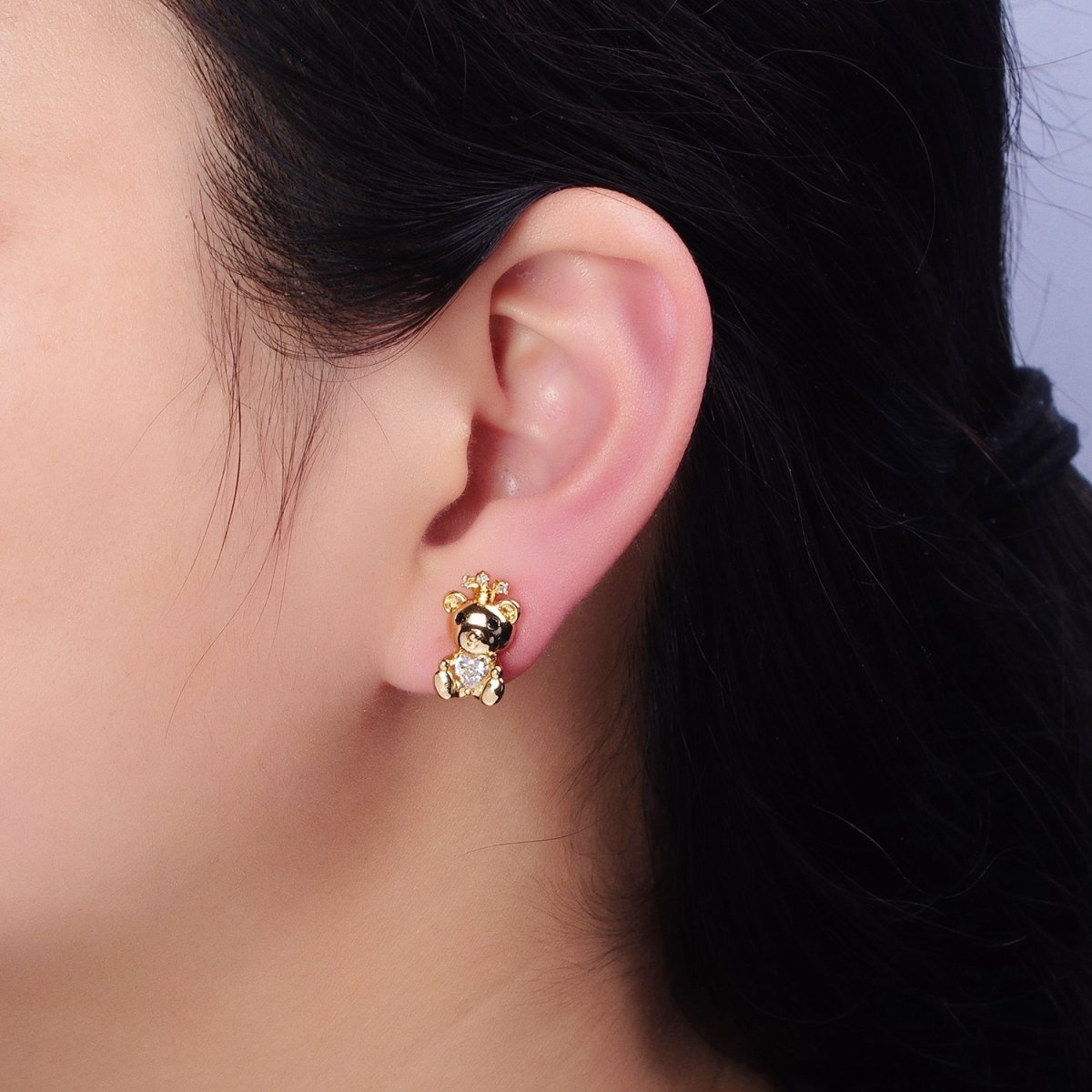 16K Gold Filled Crowned King Teddy Bear Clear CZ Heart Stud Earrings in Silver & Gold | AB1539 AD822