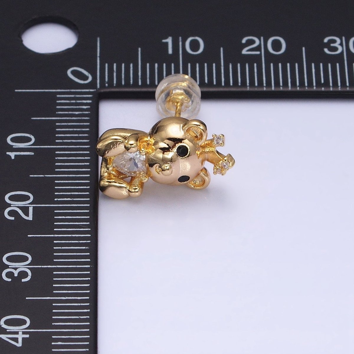 16K Gold Filled Crowned King Teddy Bear Clear CZ Heart Stud Earrings in Silver & Gold | AB1539 AD822