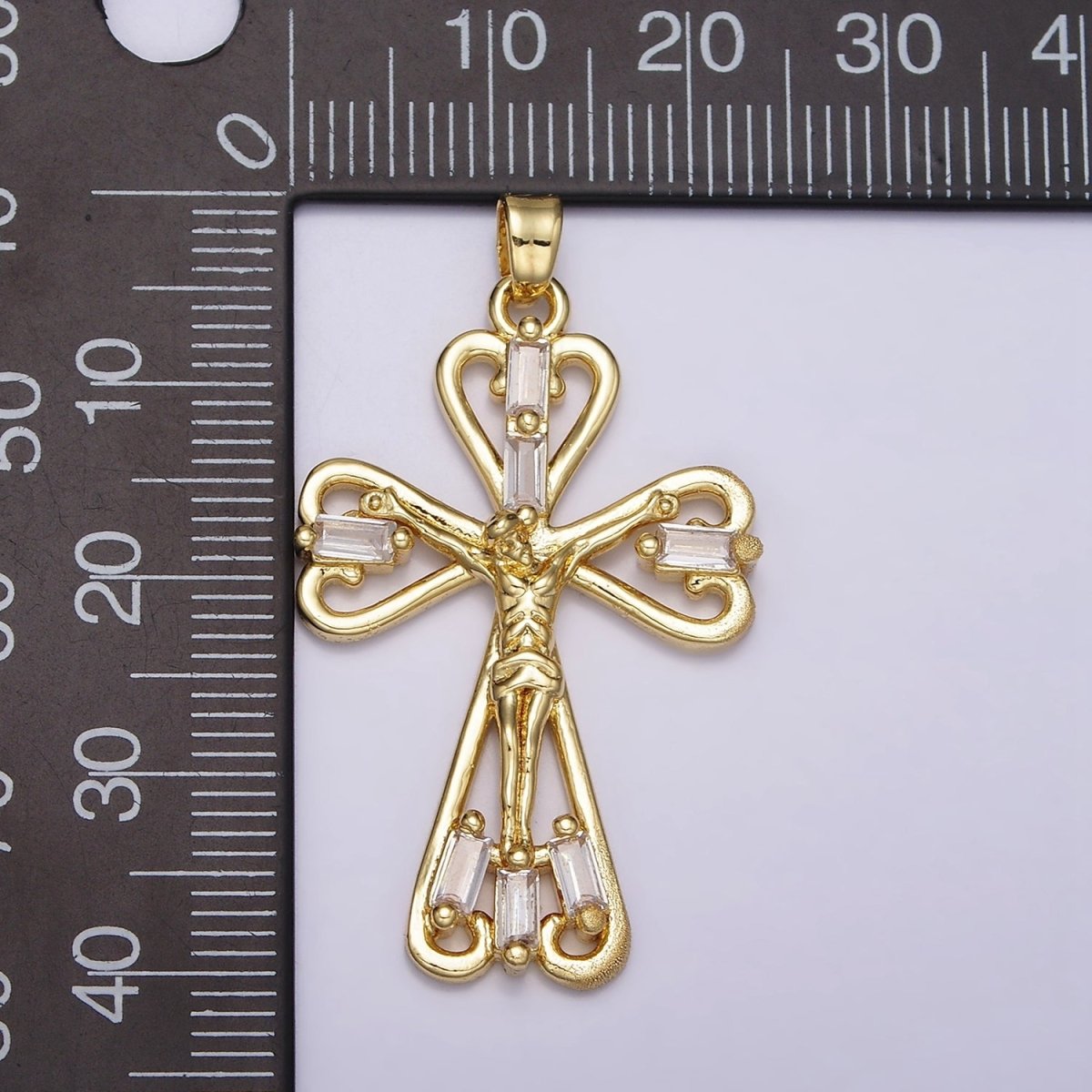 16K Gold Filled Crucifix Cross Clear CZ Baguette Religious Pendant in Gold & Silver | AA479 AA431