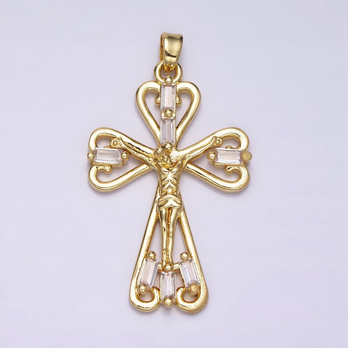 16K Gold Filled Crucifix Cross Clear CZ Baguette Religious Pendant in Gold & Silver | AA479 AA431