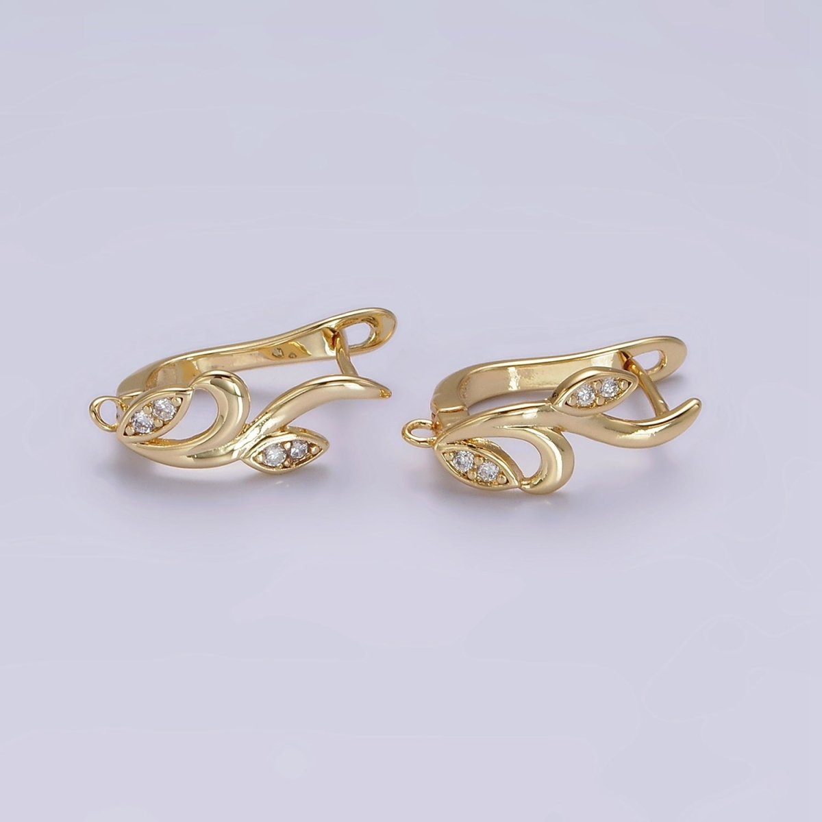 16K Gold Filled Curved Flower Clear Micro Paved CZ English Lock Earrings | Z-466