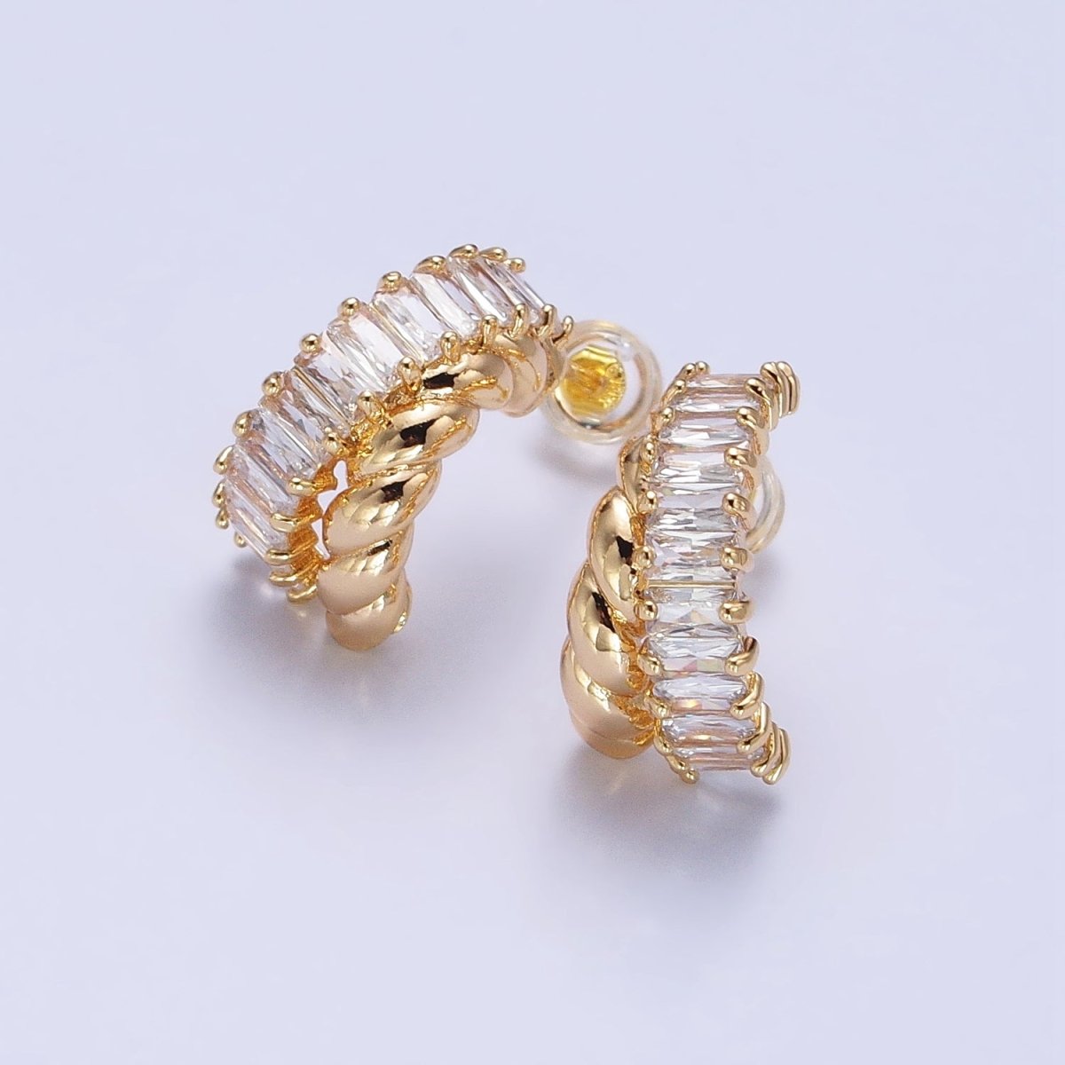 16K Gold Filled CZ Clear Baguette Croissant Double Band C-Shaped Hoop Earrings | AB385