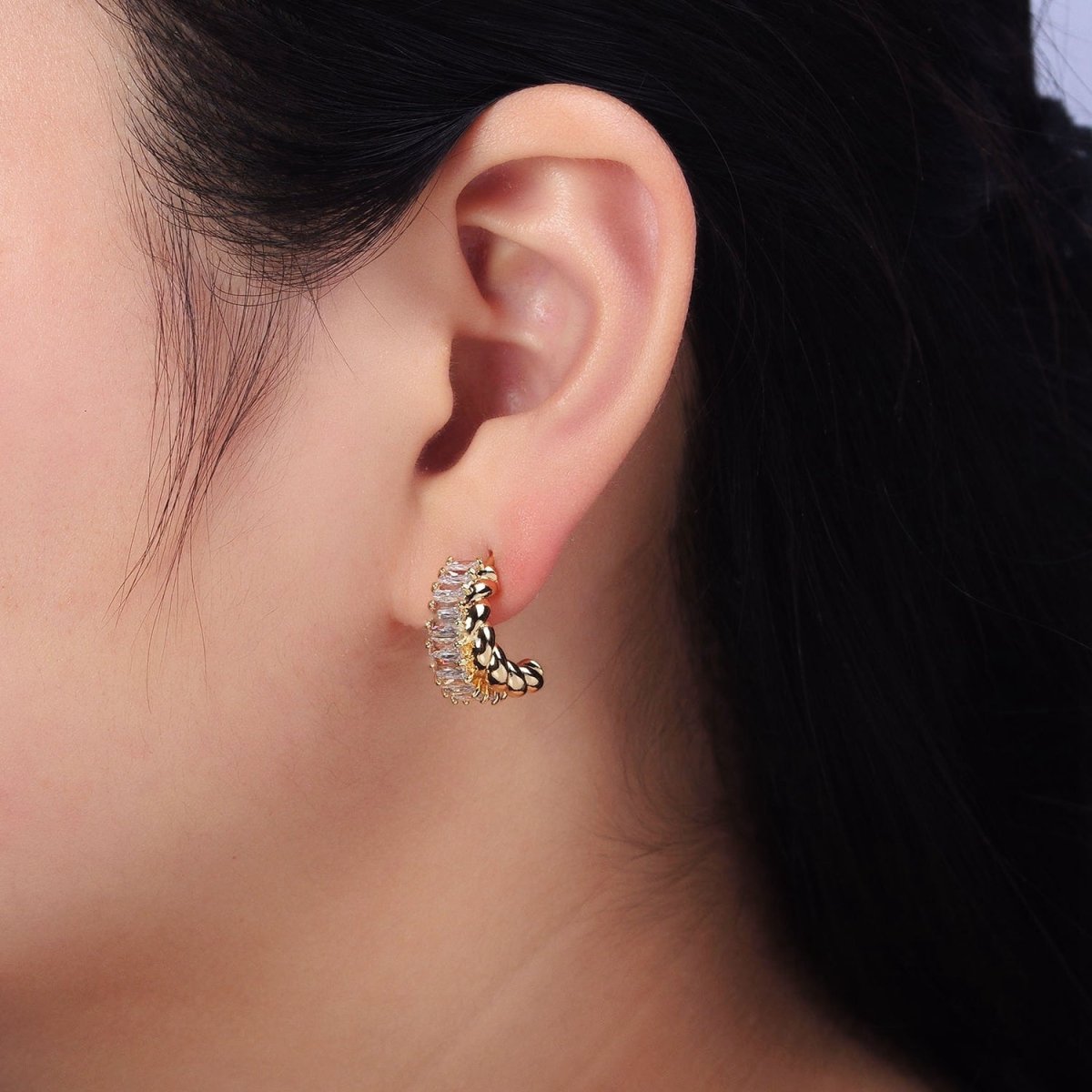 16K Gold Filled CZ Clear Baguette Croissant Double Band C-Shaped Hoop Earrings | AB385