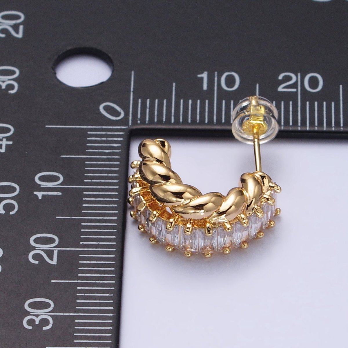 16K Gold Filled CZ Clear Baguette Croissant Double Band C-Shaped Hoop Earrings | AB385