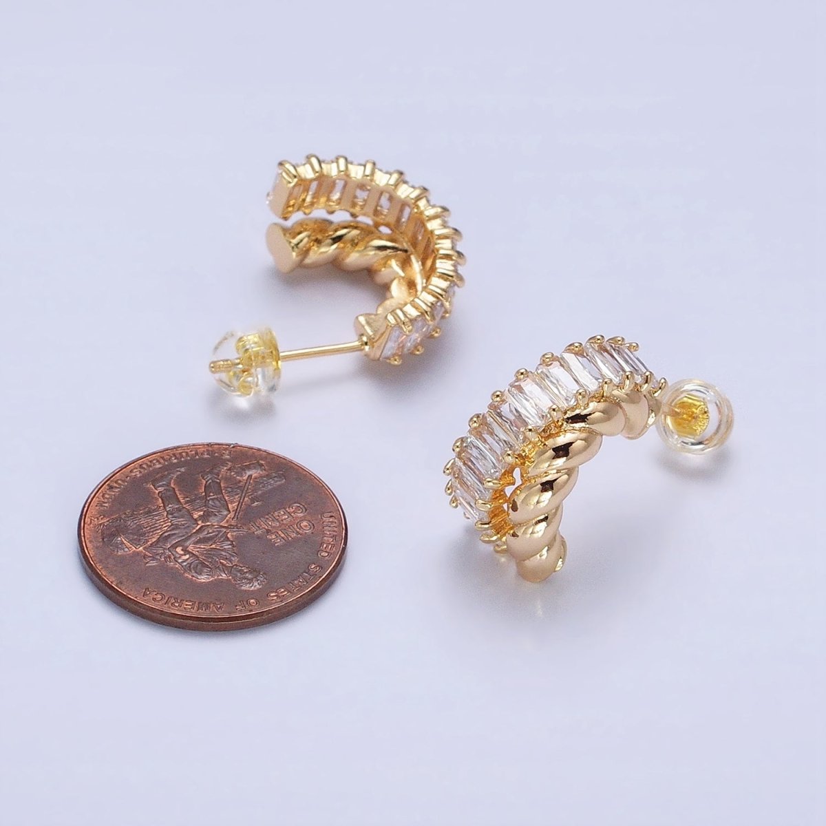 16K Gold Filled CZ Clear Baguette Croissant Double Band C-Shaped Hoop Earrings | AB385