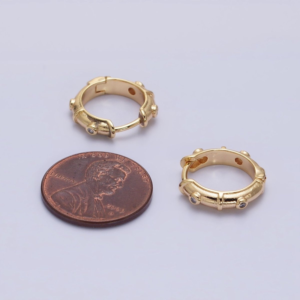 16K Gold Filled CZ Dotted 15mm Huggie Hoop Earrings in Gold & Silver | AB1555 AB1556