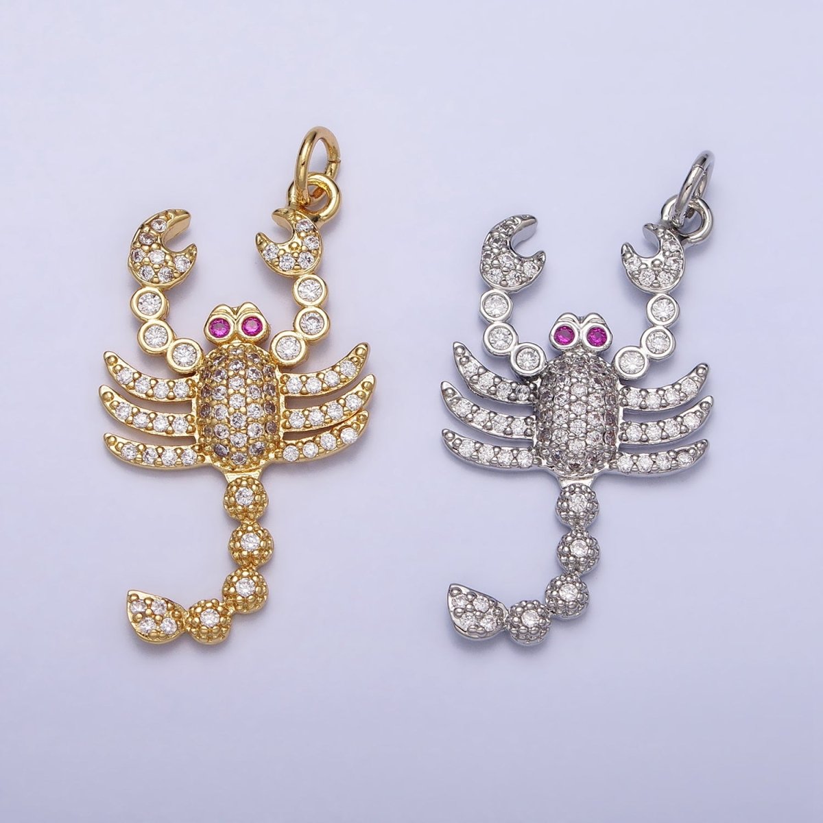 16K Gold Filled CZ Fuchsia-Eyed 27.5mm, 33.8mm Lobster Scorpion Animal Micro Paved Charm in Gold & Silver | AC1266, AC1274