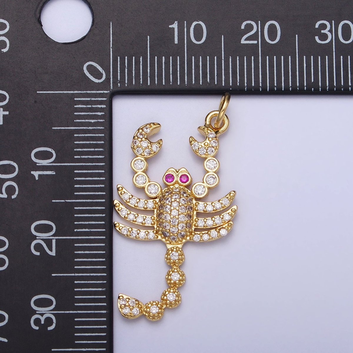 16K Gold Filled CZ Fuchsia-Eyed 27.5mm, 33.8mm Lobster Scorpion Animal Micro Paved Charm in Gold & Silver | AC1266, AC1274