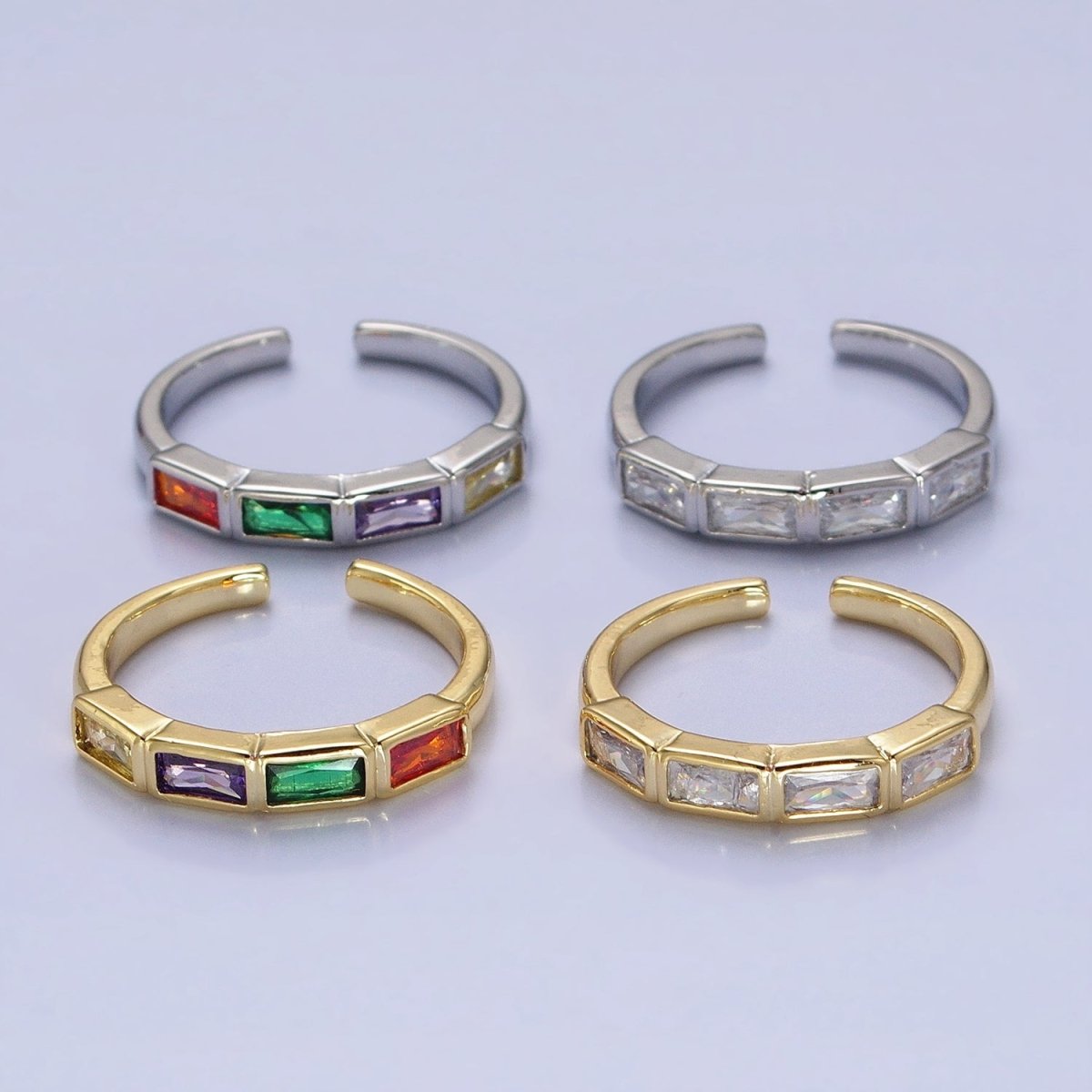 16K Gold Filled CZ Lined Multicolor, Clear Baguette Thin Ring in Gold & Silver | O-1936 O-1937  O-1939