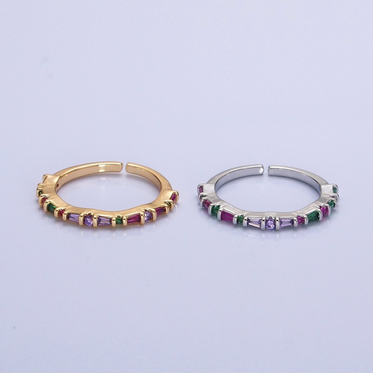 16K Gold Filled CZ Multicolor Round Baguette Lined Ring in Gold & Silver | O-1932 O-1933
