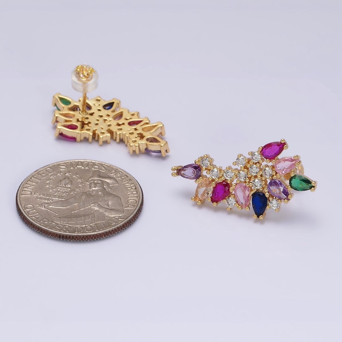 16K Gold Filled CZ Multicolor Teardrop Curved Line Stud Earrings in Gold & Silver | AD1161 AD1162