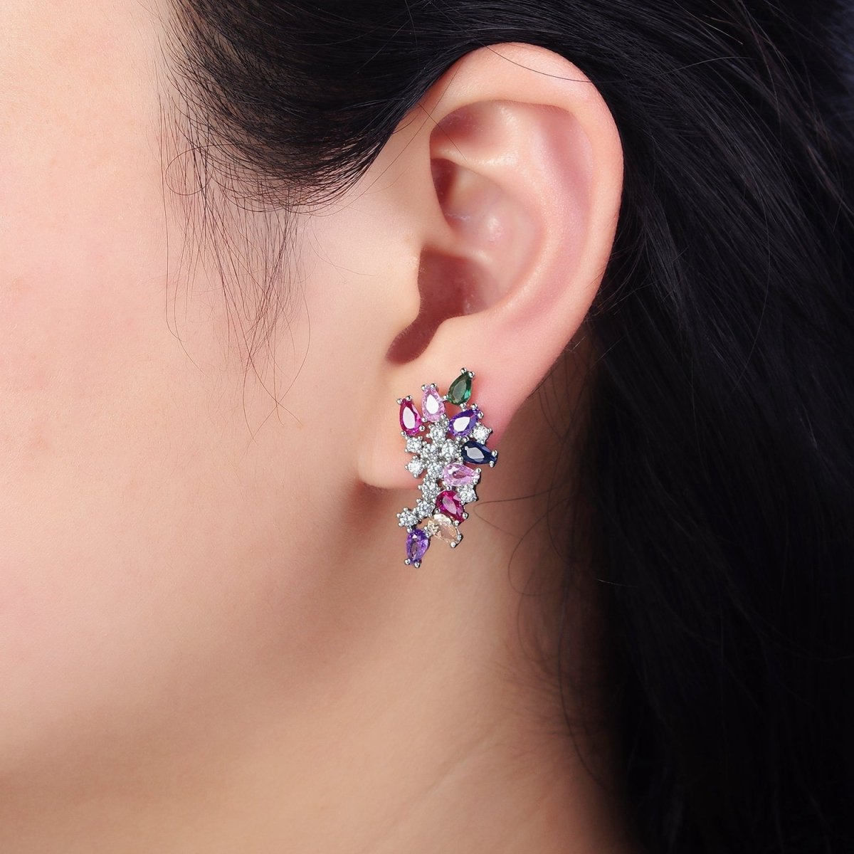 16K Gold Filled CZ Multicolor Teardrop Curved Line Stud Earrings in Gold & Silver | AD1161 AD1162