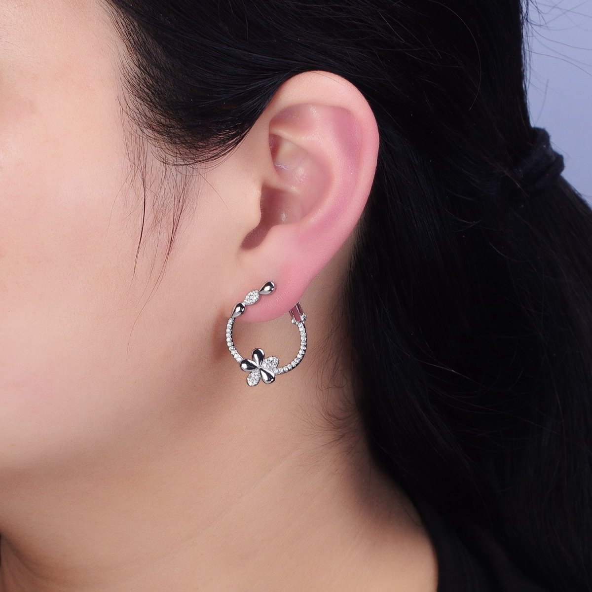 16K Gold Filled Daisy Flower CZ Micro Paved Front-Facing Hinge Hoop Earrings in Gold & Silver | AD1104 AD1105