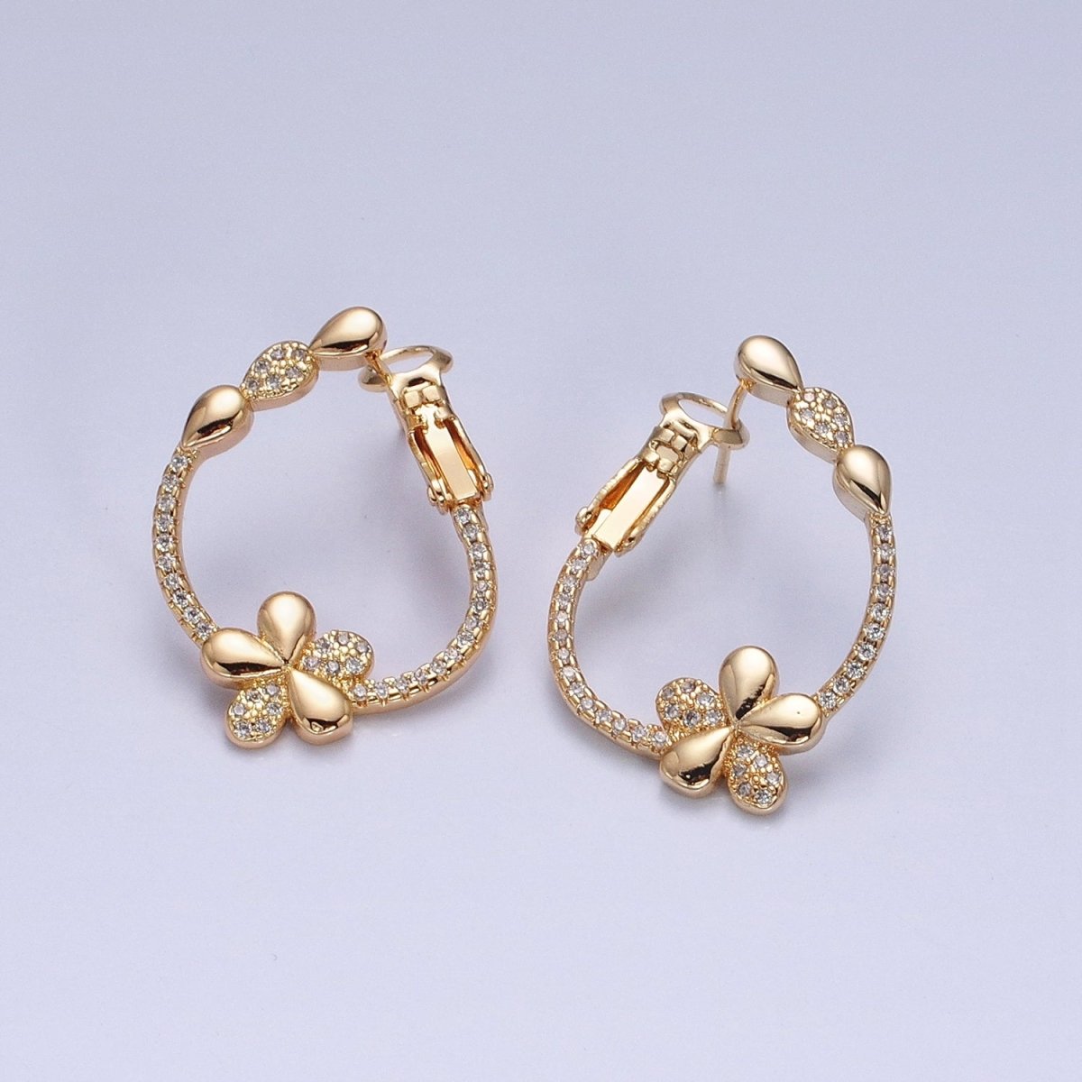 16K Gold Filled Daisy Flower CZ Micro Paved Front-Facing Hinge Hoop Earrings in Gold & Silver | AD1104 AD1105