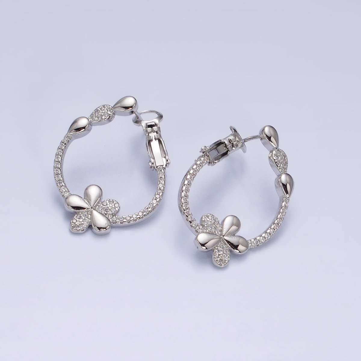 16K Gold Filled Daisy Flower CZ Micro Paved Front-Facing Hinge Hoop Earrings in Gold & Silver | AD1104 AD1105