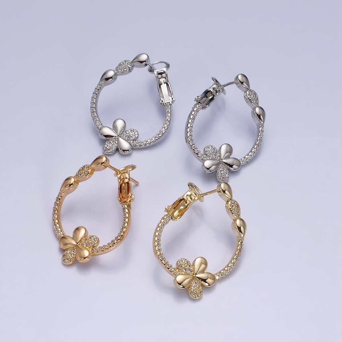 16K Gold Filled Daisy Flower CZ Micro Paved Front-Facing Hinge Hoop Earrings in Gold & Silver | AD1104 AD1105
