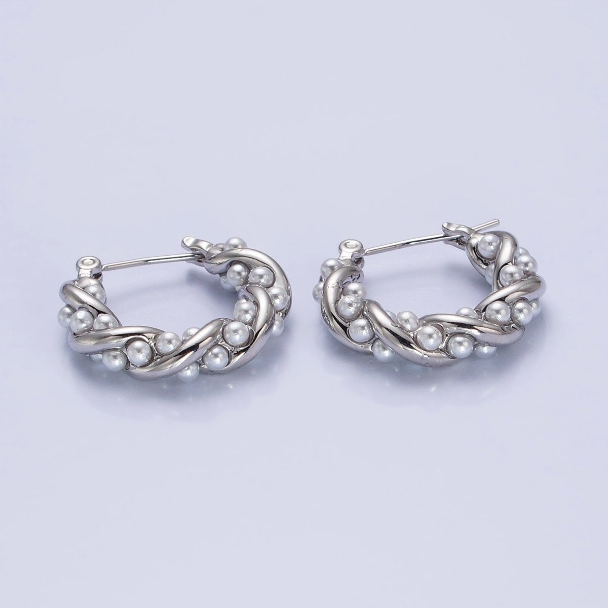 16K Gold Filled Dotted Pearl Lined Croissant Latch Earrings in Gold & Silver | AB1430 AB1431