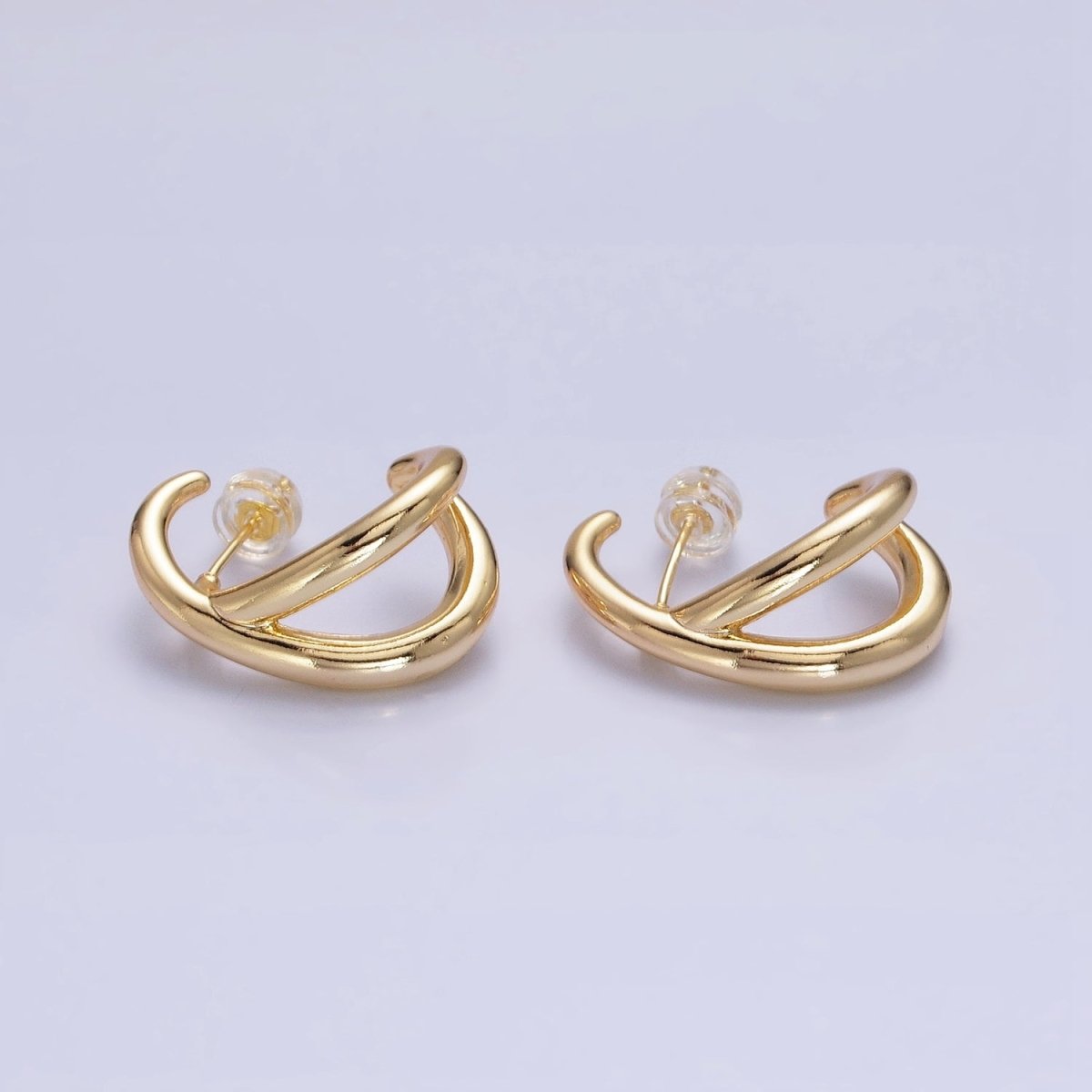 16K Gold Filled Double Band Circular Claw C-Shaped Hoop Stud Earrings in Silver & Gold | AB896 AB913