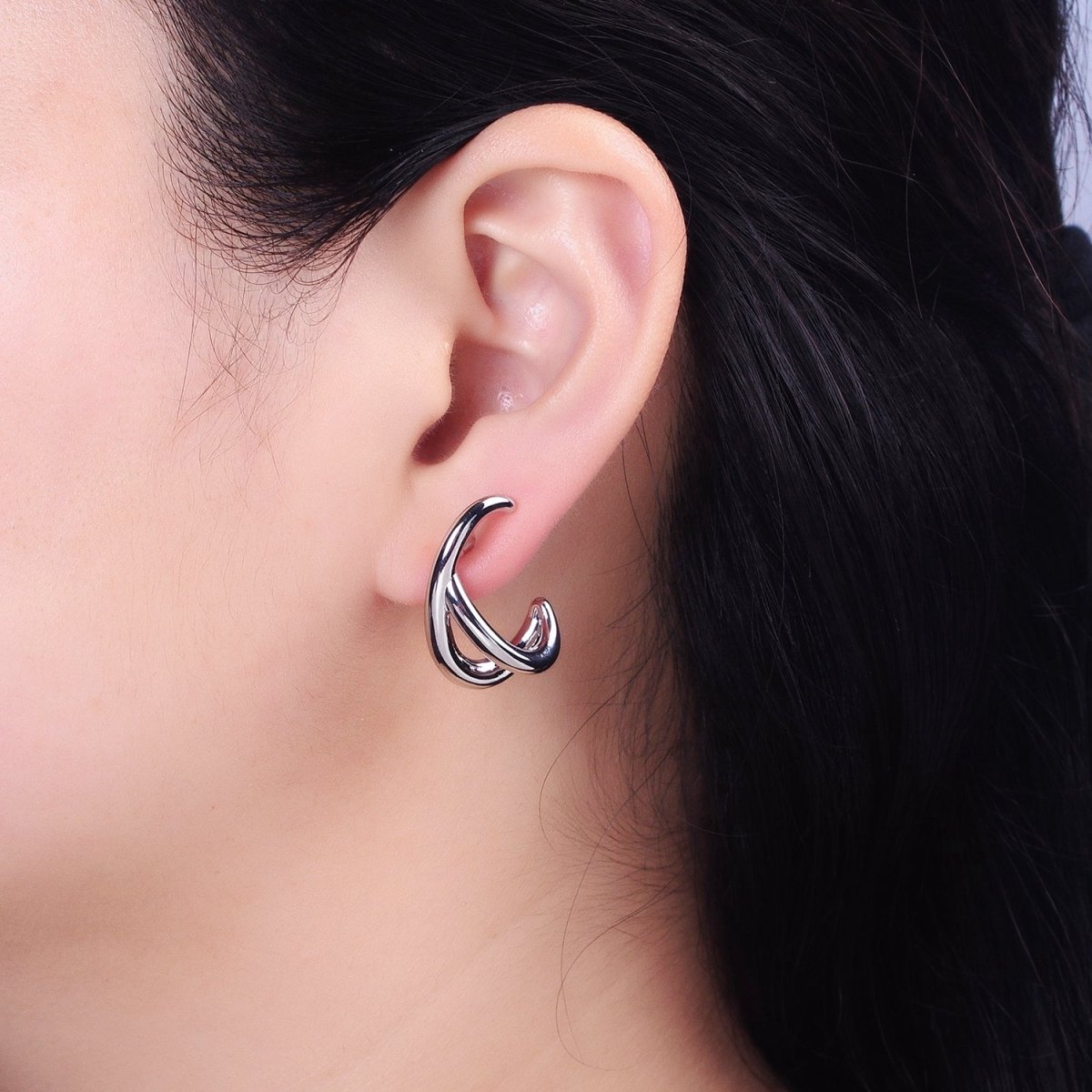 16K Gold Filled Double Band Circular Claw C-Shaped Hoop Stud Earrings in Silver & Gold | AB896 AB913