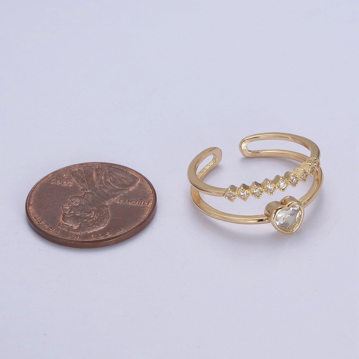 16K Gold Filled Double Band Geometric Square & Heart Crystal Zirconia CZ Promise Ring, Adjustable Ring For Valentine   U-337