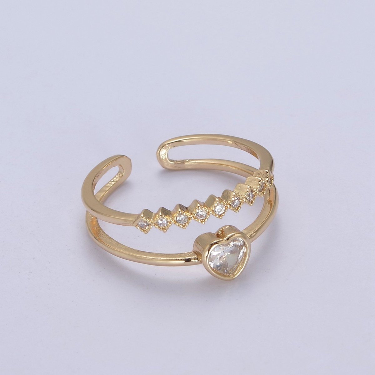 16K Gold Filled Double Band Geometric Square & Heart Crystal Zirconia CZ Promise Ring, Adjustable Ring For Valentine   U-337