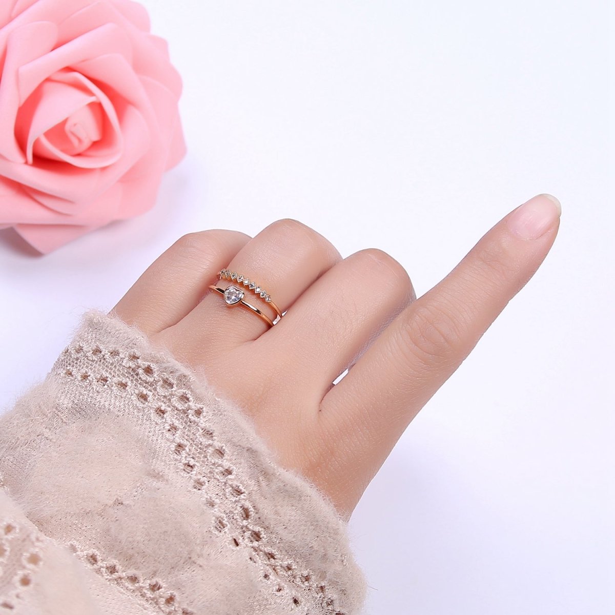 16K Gold Filled Double Band Geometric Square & Heart Crystal Zirconia CZ Promise Ring, Adjustable Ring For Valentine   U-337